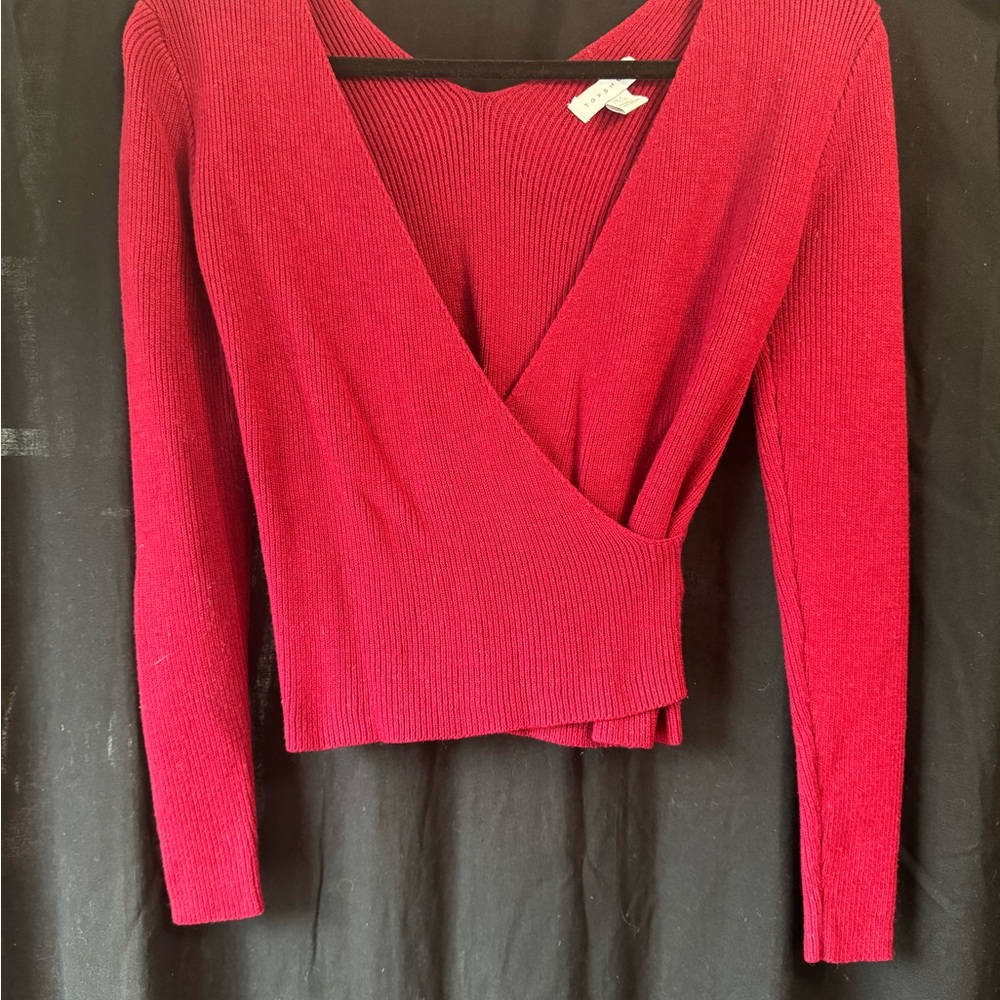 Topshop Crimson Ribbed Wrap Knit Top